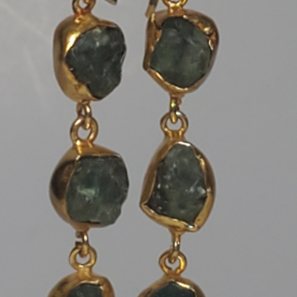 SEMIPRECIOUS Apatite Gemstone Dangle Earrings Green Stones in Gold Setting NEW - Picture 4 of 6